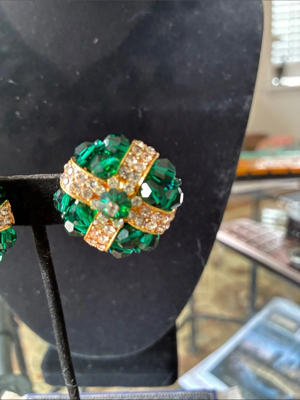 Emerald Green Crystal Button Earrings with Gold Accents